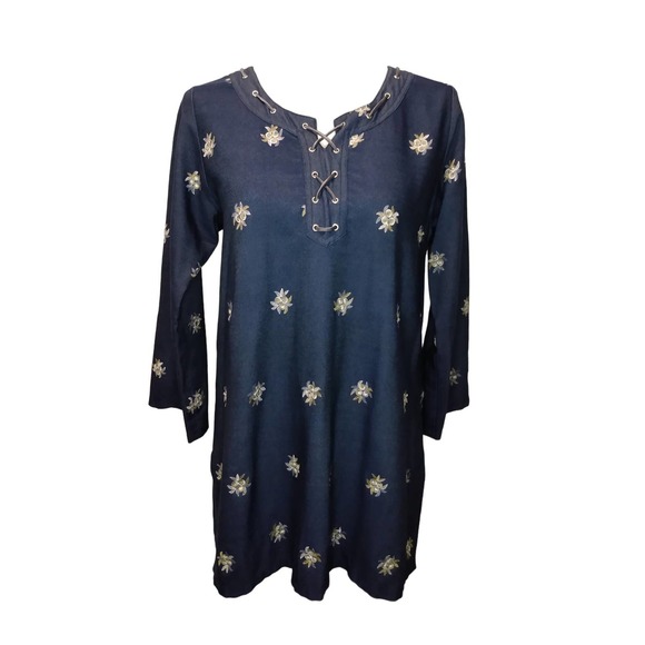 Denim blue tunic top with embroidered flowers - Picture 1 of 4